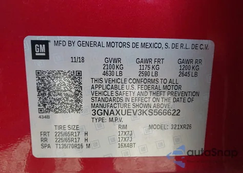 2019 Chevrolet Equinox Lt из США, поврежденный, VIN 3GNAXUEV3KS566622